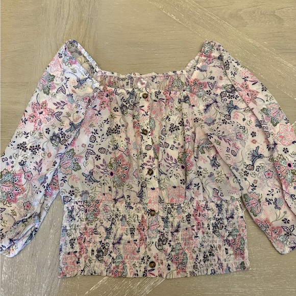 Pink and Purple Paisley Off the Shoulder Peasant Floral Print Top - Picture 1 of 7